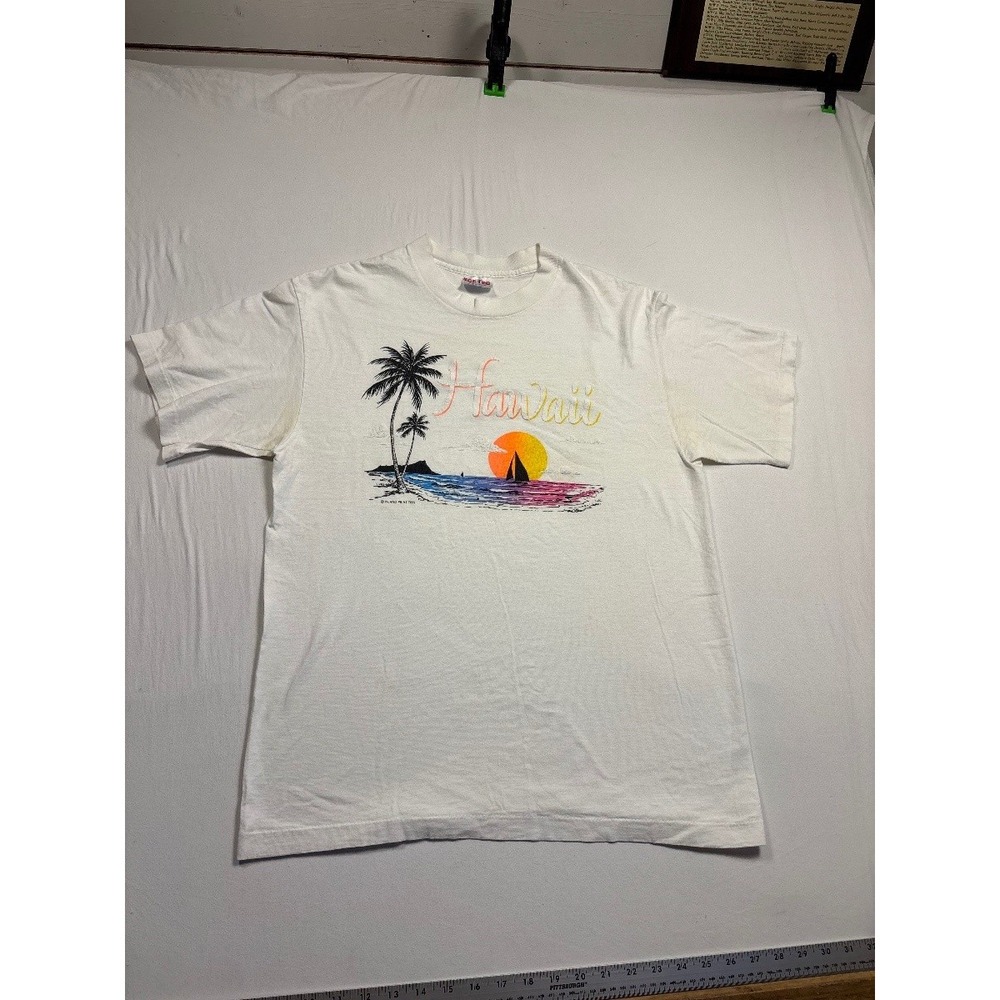 Vintage Softee Hawaii T Shirt Mens Large Palm Tree Sunset USA Made 80s White